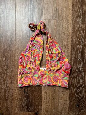 ba&sh Multicolor Smocked Halter Top in Pink, Green & Orange